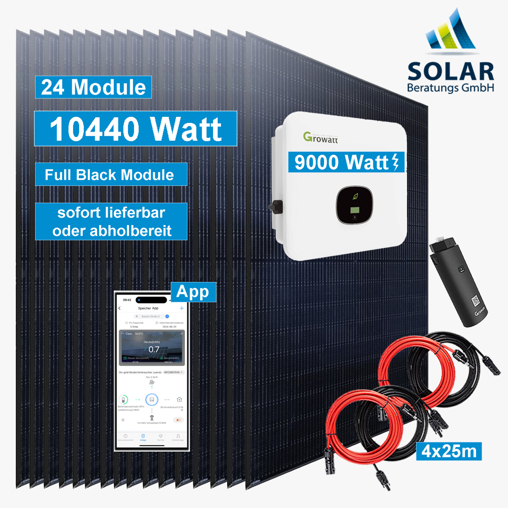 PV-Anlage 10.440 Watt mit Growatt Wechselrichter MOD 9000TL3-X und Solarmodulen Jinko 435 Watt