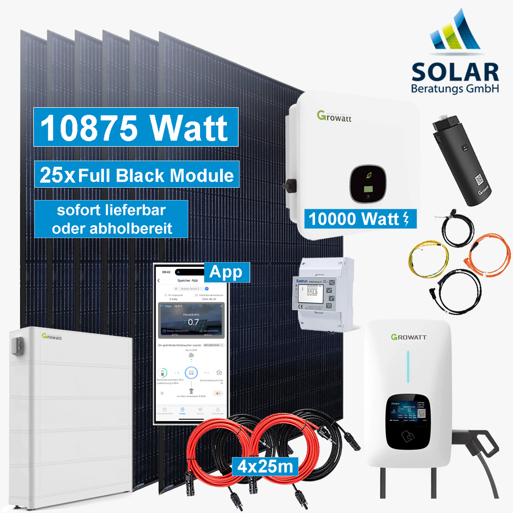 PV-Anlage 10.875 Watt mit Growatt Wechselrichter MOD 10000TL3-XH mit 10kW Speicher, Wallbox Thor 11kW, Unterkonstruktion Pfanne und Solarmodulen Jinko 435 Watt