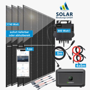 Balkonkraftwerk 1.740 Watt mit Growatt Wechselrichter NEO 800M-X und Solarmodulen Trina 435 Watt mit Noah 2000