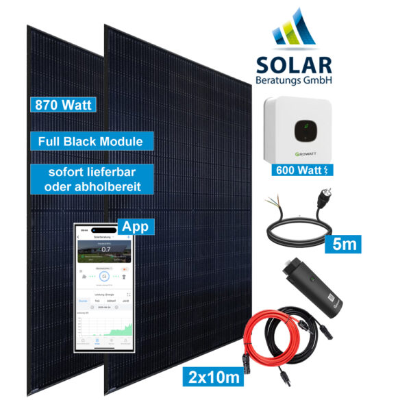 Balkonkraftwerk 870 Watt mit Growatt Wechselrichter MIC 600TL-X und Solarmodulen Jinko 435 Watt