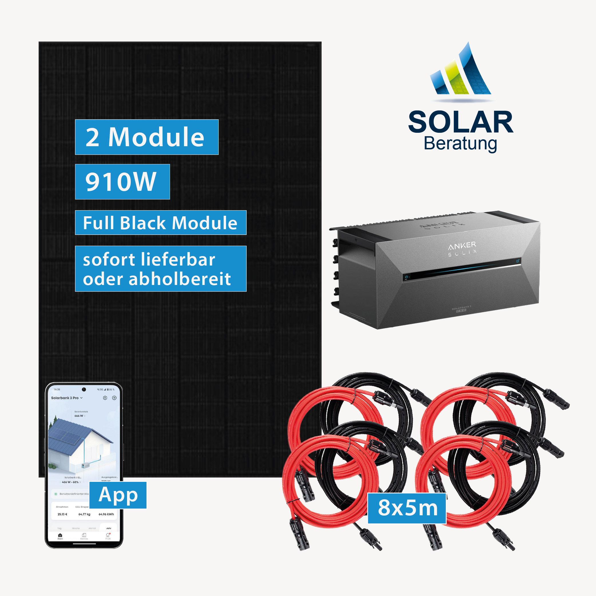 Balkonkraftwerk 910 Watt mit Anker Solix 2 E1600 Pro und Solarmodulen JA Solar 455 Watt