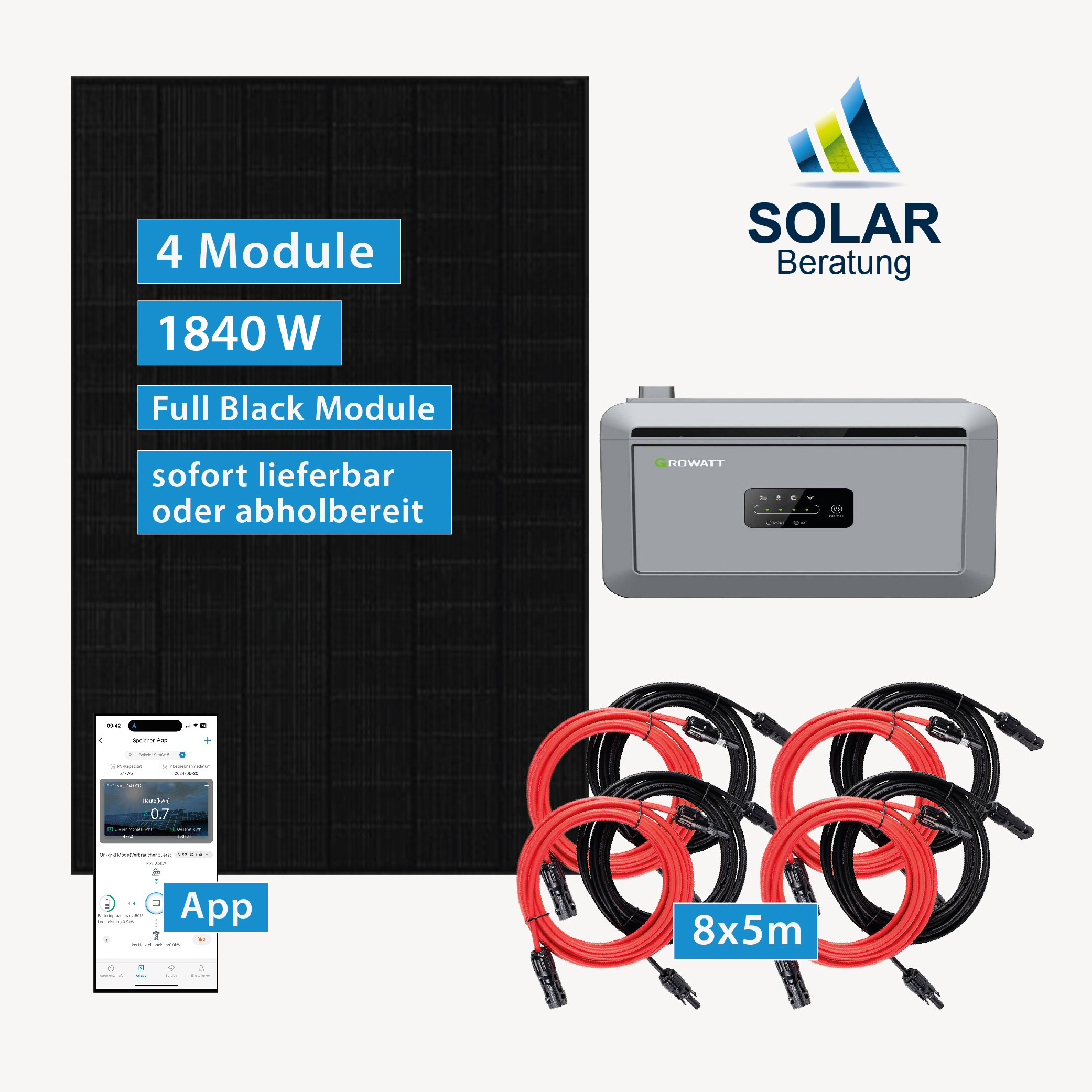 Balkonkraftwerk 1.840 Watt mit Growatt NEXA 2000 und Solarmodulen JA Solar 460 Watt